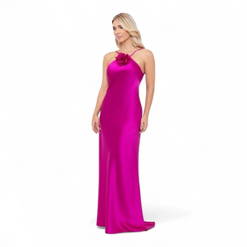 XSCAPE Flower-Trim Sleeveless Satin Gown NWT